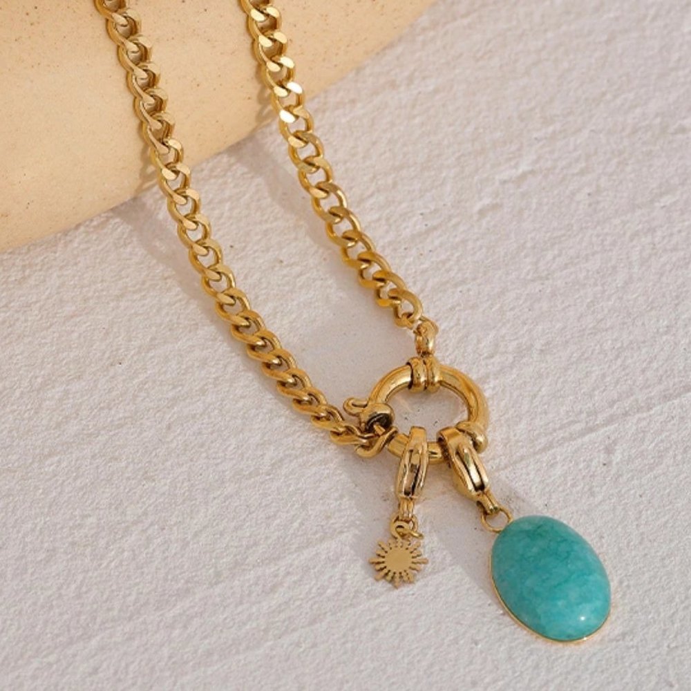 Gold Chain Necklace with Turquoise Pendant and Sun Charm